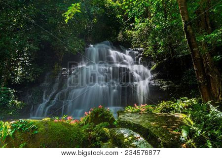 Mun Dang Waterfall With A Pink Flower Foreground In Rain Forest At Phitsanulok Province, Thailand