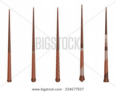 Magic Wands Set. Wizard Tool. Wooden Stick Collection. Isolated On White Background. Vector Illustra