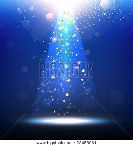 Vector Stage Spotlight with snowflakes and glow stars