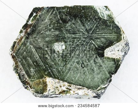 Macro Shooting Of Natural Mineral Rock Specimen - Phlogopite Mica Stone On White Marble Background F