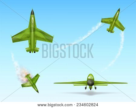 Vector Set Of Military Aircraft, Fighter Jet. Camouflage Combat Plane In Different Views, Downed Avi