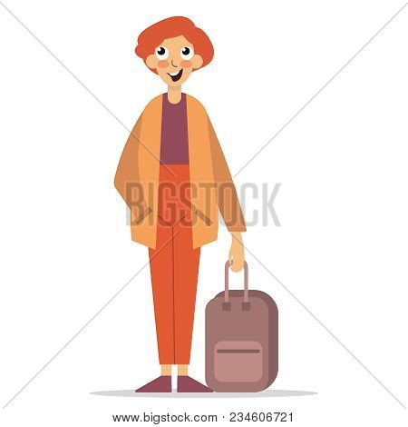 Traveler Character Icon. Fellow Traveler. Man In Casual Clothes With Trolley Suitcase, Template Vect