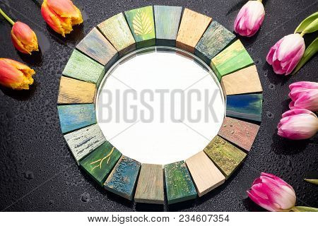 Interior Design Mirror Handmade In Wooden Frame With Painted Cracks Aged Paints For Makeup Of Women 
