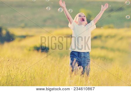 happy young beautiful child have fun on eadow with soap bubbles toy