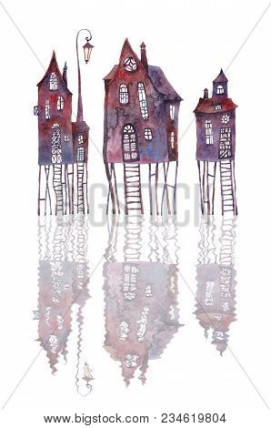 Three Old Houses On Stilts Standing On Rippled Water, Giving A Reflection. Watercolor Illustration I