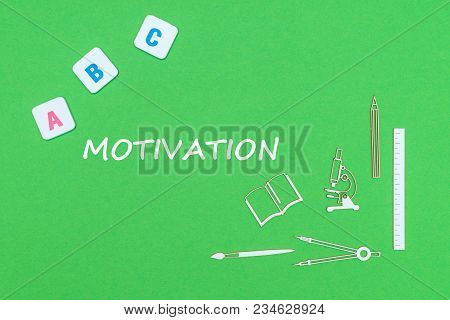 Concept School, Text Motivation, From Above School Supplies Wooden Minitures, Abc Letters On Green B