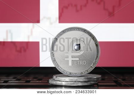 Petro (ptr) Cryptocurrency; Coin El Petro On The Background Of The Flag Of Denmark (kingdom Of Denma