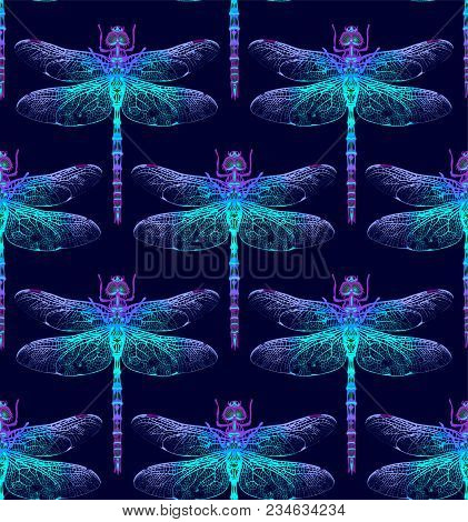 Dragonfly. Vector Seamless Pattern. Dark Blue Backgrounds. Summer Night.