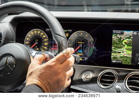 Geneva, Switzerland - March 7, 2018: Interior Dashboard View Of The New Mercedes Benz E300 Diesel Hy