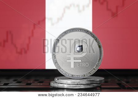 Petro (ptr) Cryptocurrency; Coin El Petro On The Background Of The Flag Of Peru; National Venezuela 