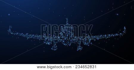 Airplane Front View. Low Poly Wireframe Mesh Looks Like Constellation On Dark Blue Background With D