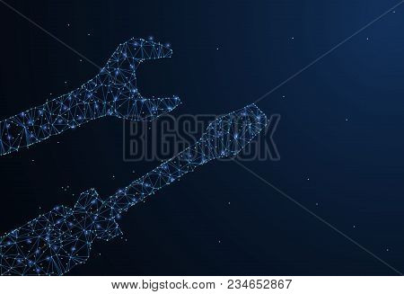 Screwdriver Wrench. Low Poly Wireframe Mesh Looks Like Constellation On Dark Blue Background With Do