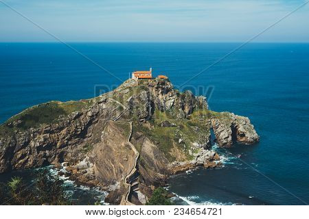 Sea Scape On Background Gaztelugatxe Steps Sun Huan, Hipster Girl Looking On Nature Horizon Ocean, R