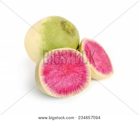 Whole And Sliced Watermelon Radish Isolated On White Bacground