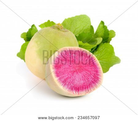 Whole And Sliced Watermelon Radish Isolated On White Bacground