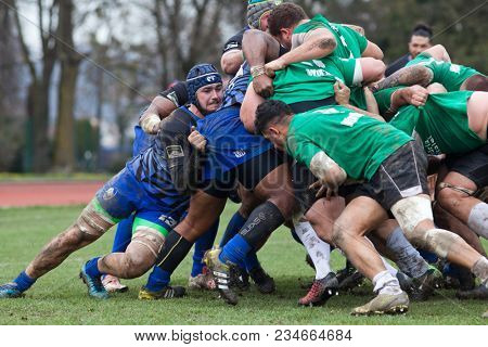 CLUJ-NAPOCA, ROMANIA - 31 March 2018: Rugby cup final between CSM Stiinta Baia Mare vs CSM Bucuresti on 31.03.2018 in Cluj-Napoca, Romania