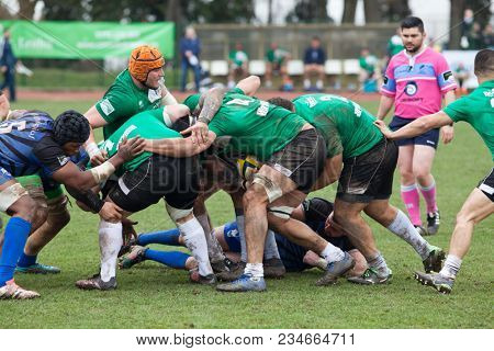 CLUJ-NAPOCA, ROMANIA - 31 March 2018: Rugby cup final between CSM Stiinta Baia Mare vs CSM Bucuresti on 31.03.2018 in Cluj-Napoca, Romania