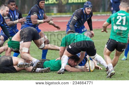 CLUJ-NAPOCA, ROMANIA - 31 March 2018: Rugby cup final between CSM Stiinta Baia Mare vs CSM Bucuresti on 31.03.2018 in Cluj-Napoca, Romania