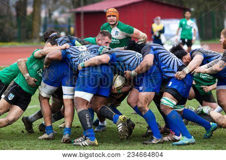 CLUJ-NAPOCA, ROMANIA - 31 March 2018: Rugby cup final between CSM Stiinta Baia Mare vs CSM Bucuresti on 31.03.2018 in Cluj-Napoca, Romania