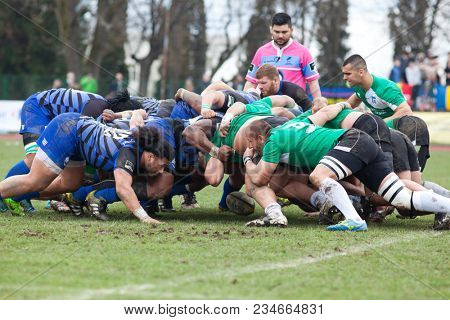 CLUJ-NAPOCA, ROMANIA - 31 March 2018: Rugby cup final between CSM Stiinta Baia Mare vs CSM Bucuresti on 31.03.2018 in Cluj-Napoca, Romania