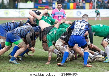 CLUJ-NAPOCA, ROMANIA - 31 March 2018: Rugby cup final between CSM Stiinta Baia Mare vs CSM Bucuresti on 31.03.2018 in Cluj-Napoca, Romania