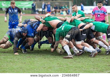 CLUJ-NAPOCA, ROMANIA - 31 March 2018: Rugby cup final between CSM Stiinta Baia Mare vs CSM Bucuresti on 31.03.2018 in Cluj-Napoca, Romania
