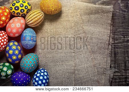 Easter Eggs On Wooden Backgroundю Top View