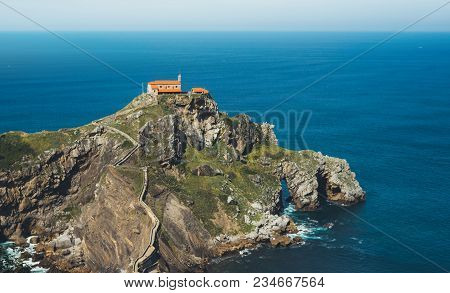 Sea Scape On Background Gaztelugatxe Steps Sun Huan, Hipster Girl Looking On Nature Horizon Ocean, R