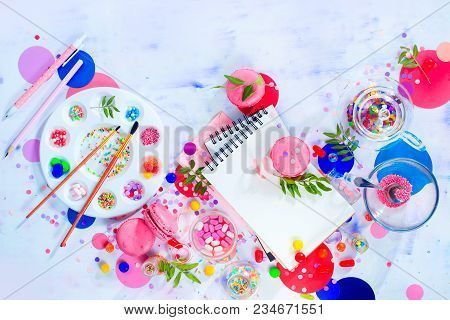 Sweettooth Artist Tools Creative Party Concept. Pink Macarons In A Colorful Party Activity Concept W