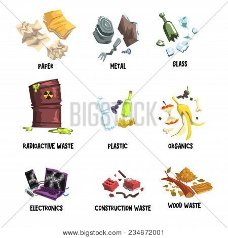Separation Of Garbage On Paper, Metal, Glass, Radioactive Waste, Plastic, Organics, Electronics, Con