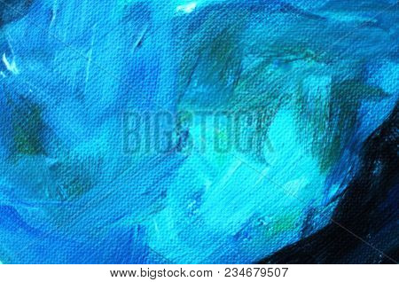Blured Texture Of A Canvas With Large Brushstokes Of Blue Oil Paint. Close-up, Soft Focus, Blur.