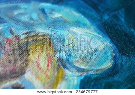 Texture Of A Canvas With Large Brushstokes Of Blue Oil Paint. Close-up, Selective Focus.