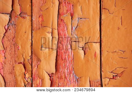 Old Wooden Background Colored Paint With Cracks, Scratches And Abrasions.