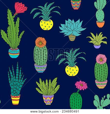 Seamless Pattern With Colorful Hand Drawn Houseplant On White Background.
