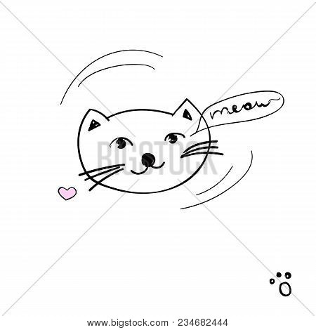 Pretty Kitten With Lettering - Meow. Vector Cute Fashion Cat Illustration And Text On A White Backgr
