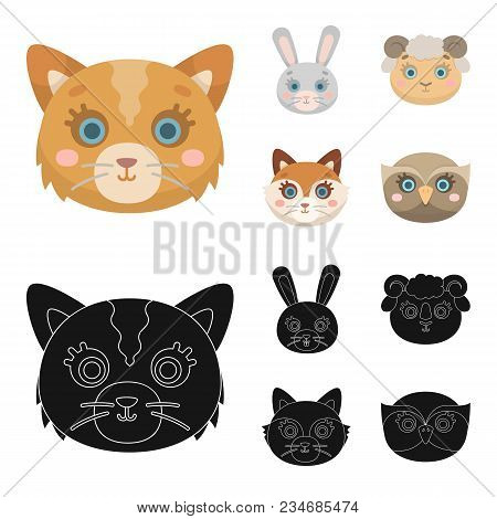 Cat, Rabbit, Fox, Sheep. Animal Muzzle Set Collection Icons In Cartoon, Black Style Vector Symbol St