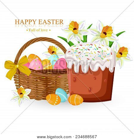Easter Holiday Card With Eggs And Sweet Bread Vector Illustration