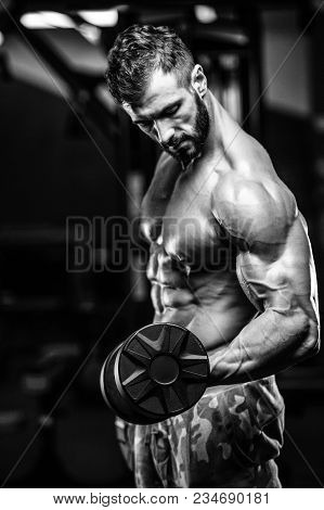 Handsome Model Young Man Training Arms In Gym