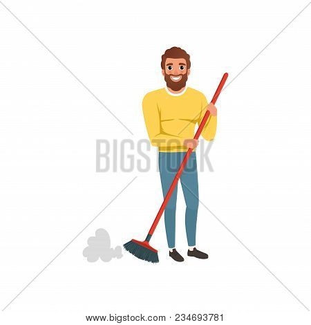 Young Bearded Guy Sweeping Cleaning Floor With Plastic Brush. Housekeeping Theme. Cartoon Man Charac