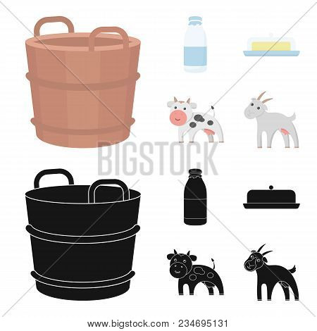 A Barrel Of Milk, Butter, A Cow. Milk Set Collection Icons In Cartoon, Black Style Vector Symbol Sto