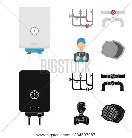 Boiler, Plumber, Ventils And Pipes.plumbing Set Collection Icons In Cartoon, Black Style Vector Symb