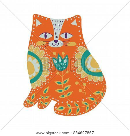 Art Watercolor Illustration With Beautiful Cat In Pattern And Flowers, Folk Stule. Poster For Decora