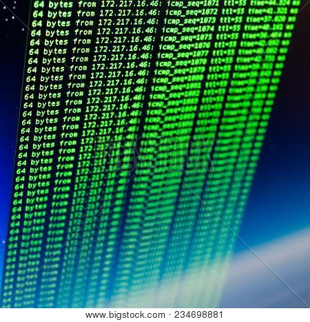 Ping Of Site Using Unix Bash Shell. Green Code In Command Line Interface. Blue Space Background