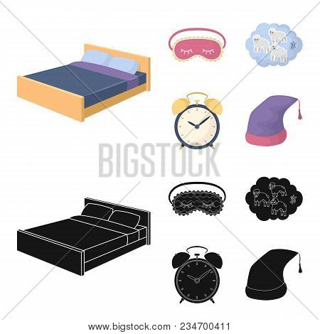 A Bed, A Blindfold, Counting Rams, An Alarm Clock. Rest And Sleep Set Collection Icons In Cartoon, B