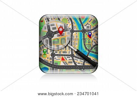 Mobileicon Map Under A Magnifying Glass, Vector Illustration. Eps10