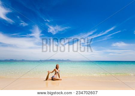 Tropical Summer Yoga Session On Beautiful Sunset Beach, Koh Kradan Island In Thailand. Vriksha Asana