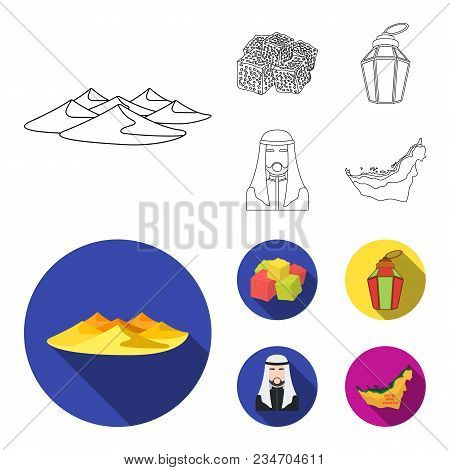 Eastern Sweets, Ramadan Lamp, Arab Sheikh, Territory.arab Emirates Set Collection Icons In Outline, 