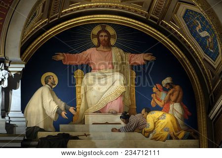 PARIS, FRANCE - JANUARY 05: Saint Francis Xavier presenting to Jesus Christ the people he has converted, St Francis Xavier's Church in Paris, France on January 05, 2018.