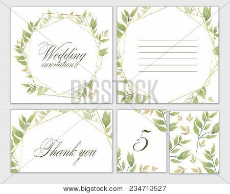 Wedding Invitation Frame Set Flowers, Leaves, Watercolor, Isolated On White. Hand Draw Illustration.