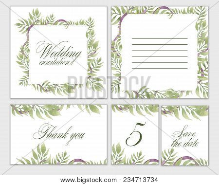 Wedding Invitation Frame Set Flowers, Leaves, Watercolor, Isolated On White. Hand Draw Illustration.